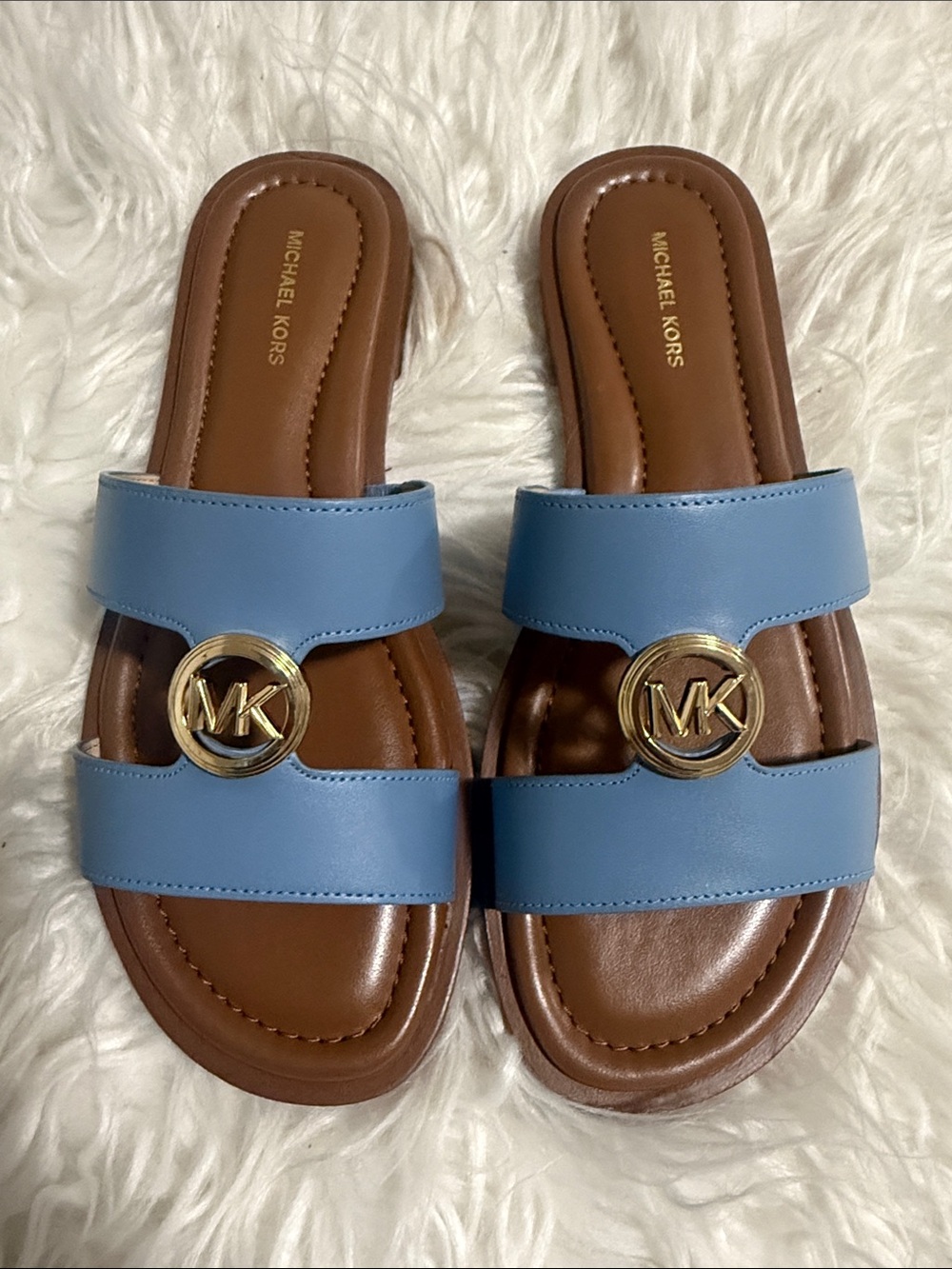 Michael Kors Light Blue Leather Erin Flat Sandals with Gold MK